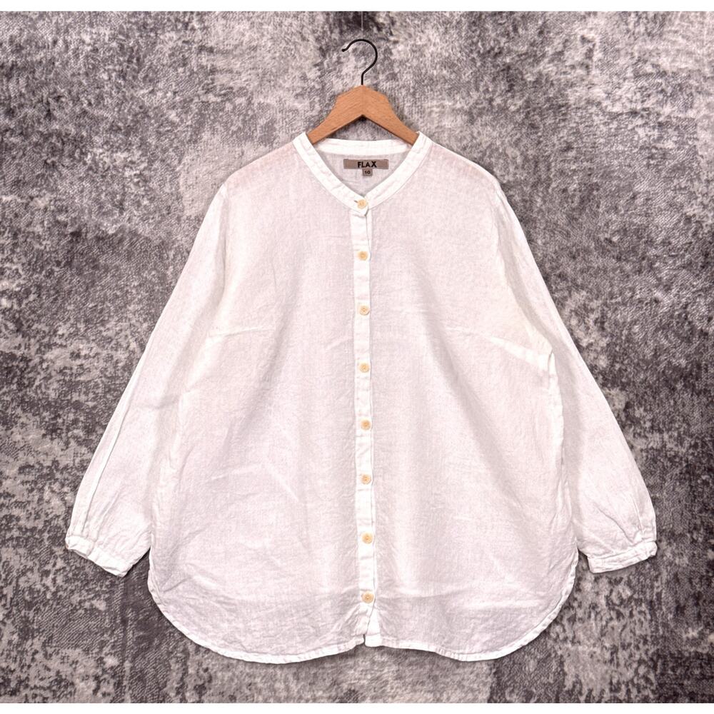 FLAX 100% Linen Tunic Shirt 1G / 1X Womens White Textured Band Collar Button Up